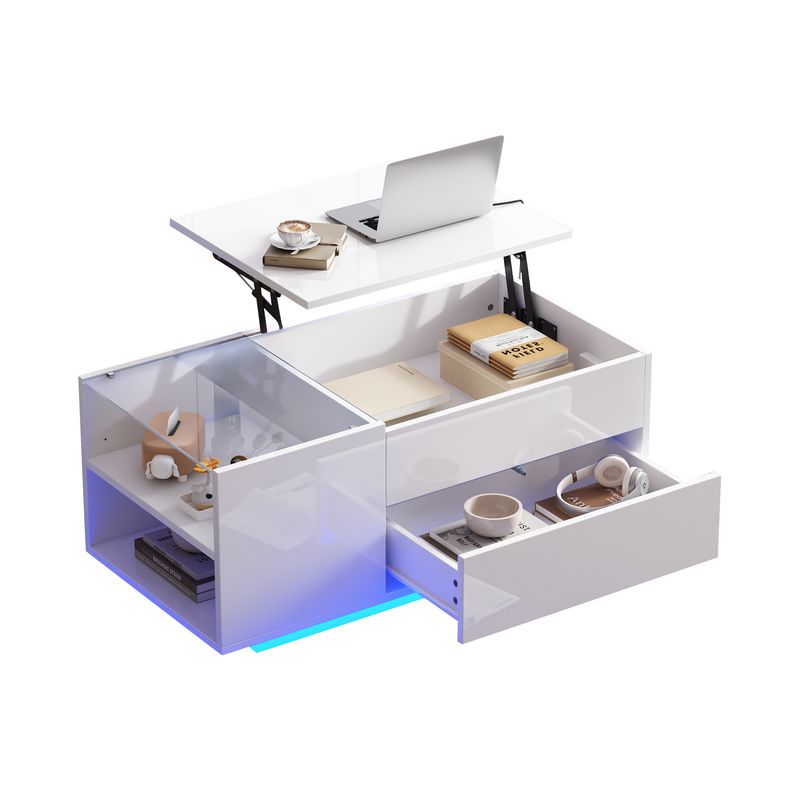 Table basse réglable en hauteur 95 x 48 x 42 cm avec rangement dissimulé, éclairage LED, tiroir et prise – Table d'appoint de salon blanche_voghion.com
