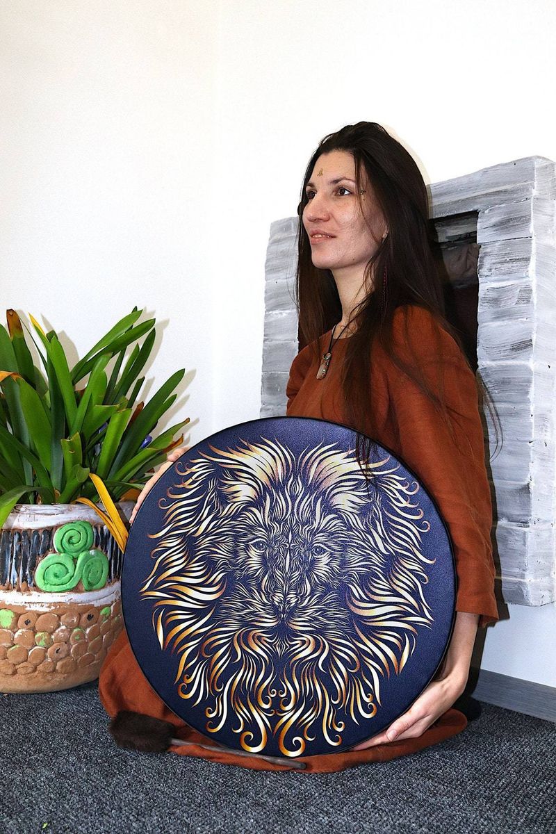 FIRLAR Shaman Drum 10 Inch Tree of Life Decorative Design Tambourine with Drum Stick Musical Shaman Lion_voghion.com
