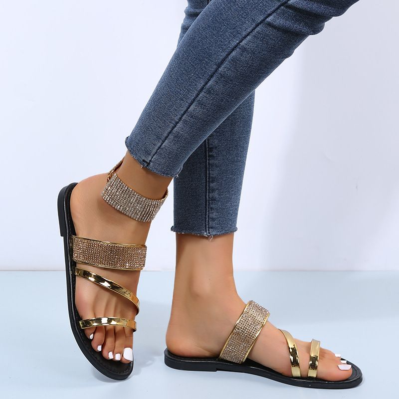 Women's Shoes Large Size Casual Slippers Summer New Round Head Rhinestone Flat Sandals_voghion.com