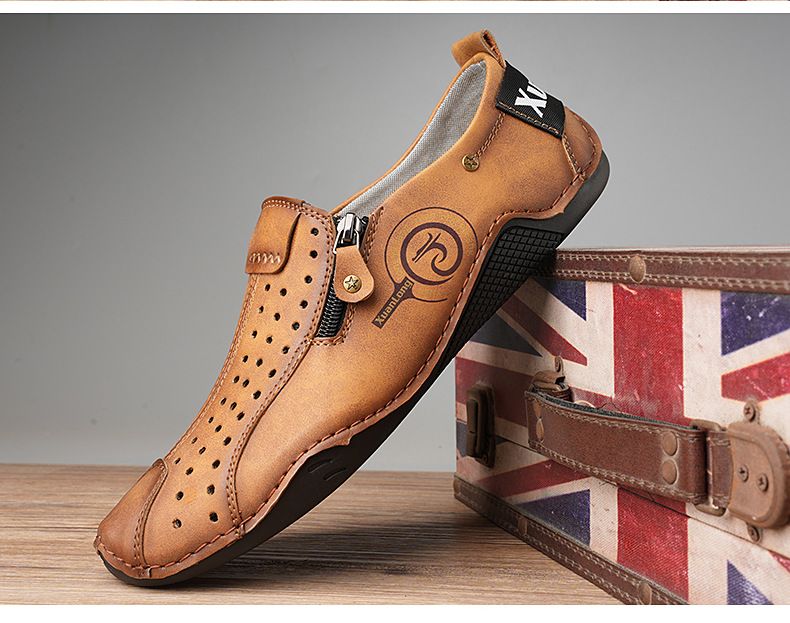 Spring and summer 2024 new oversized perforated breathable casual bean shoes, zipper men's shoes_voghion.com