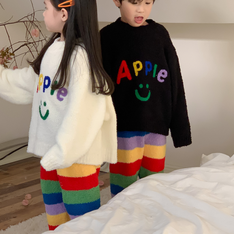 Children's Homewear Winter Boys And Girls Letter Rainbow Striped Pajamas Set Children's Soft Homewear_voghion.com