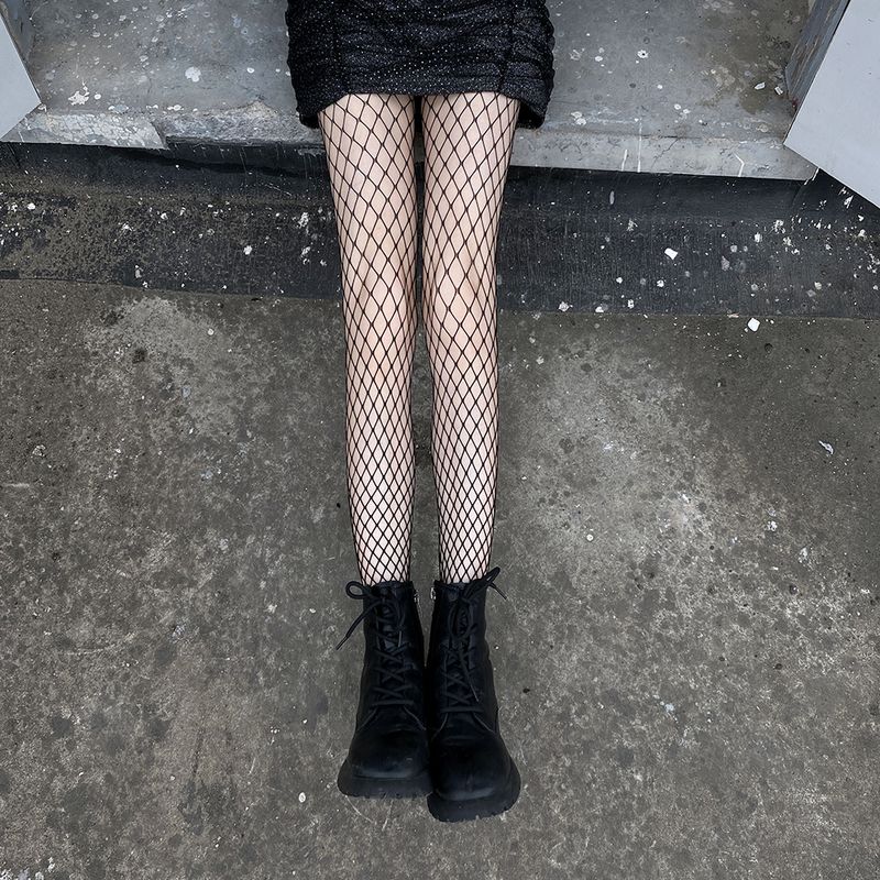 Netzstrümpfe, schwarze Seidenstrümpfe, dichte Netzstrumpfhose mit Zehenpartie, trendige Socken von Internet-Prominenten, zerrissene Jeans, superelastische Strumpfhose mit mittlerem Netz_voghion.com
