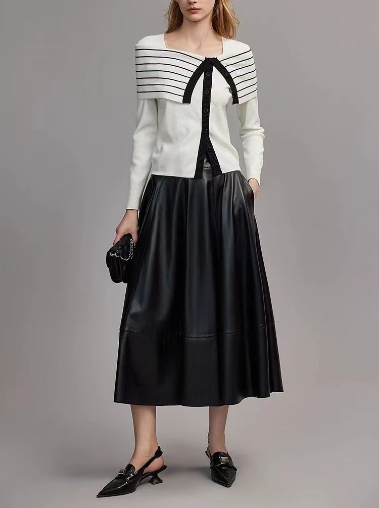 Women's Clothing Black And White Striped Two Piece Slim Wool Sweater New Design Temperament Sweater_voghion.com