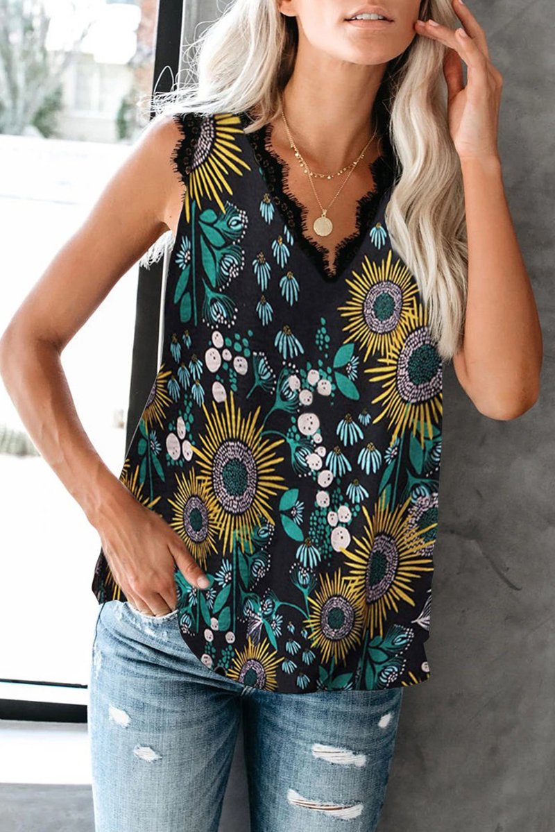 Women's Clothing Solid V-Neck Eyelash Lace Sleeveless Printed Tank Tops_voghion.com