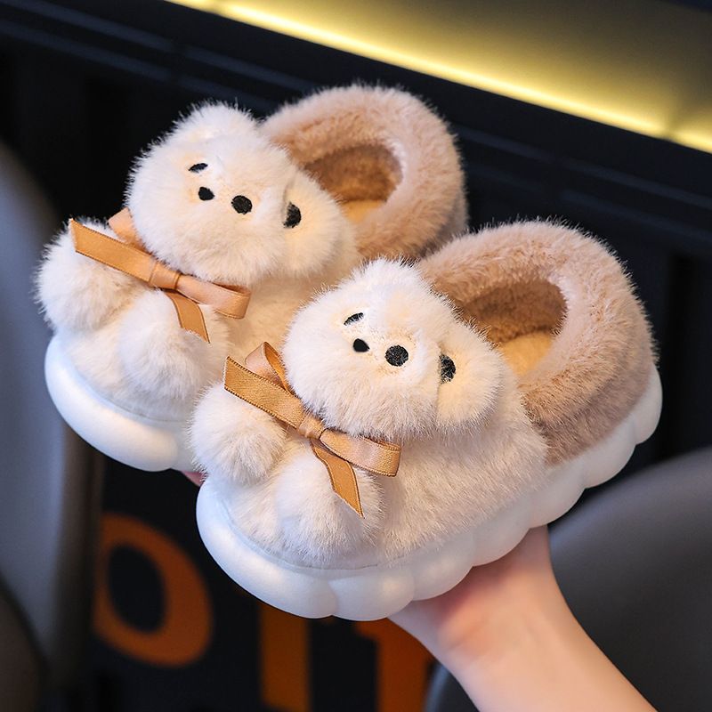 Pantofole invernali in cotone per bambini da donna, con velluto spesso e suola calda e morbida, pelliccia antiscivolo con orsetto dei cartoni animati_voghion.com