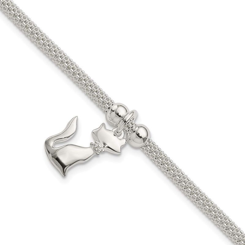 Sterling Silver Polished CZ Cat Charm Bracelet_voghion.com