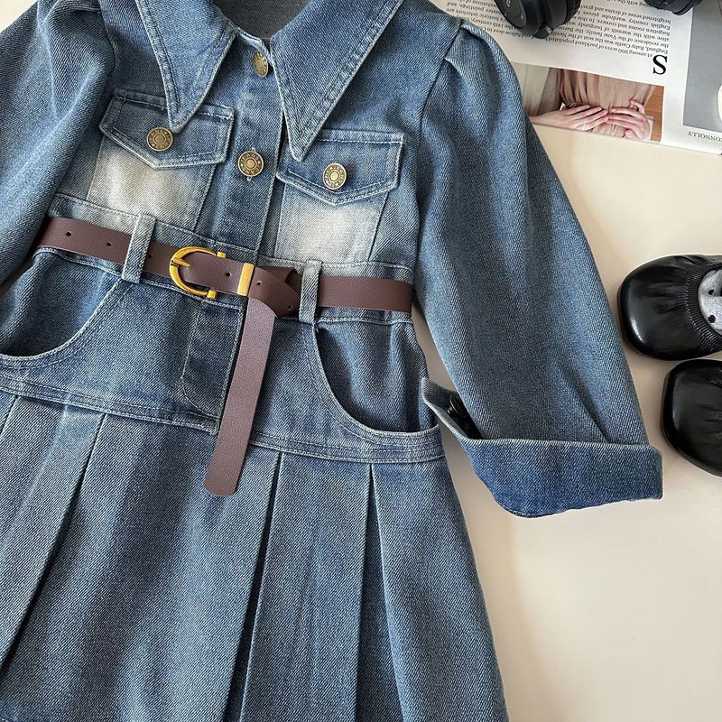 Kid's Clothing New Style Little Girl Fashion Denim Dress Long Sleeve Spring And Autumn Lapel Waist Denim Skirt Trend_voghion.com