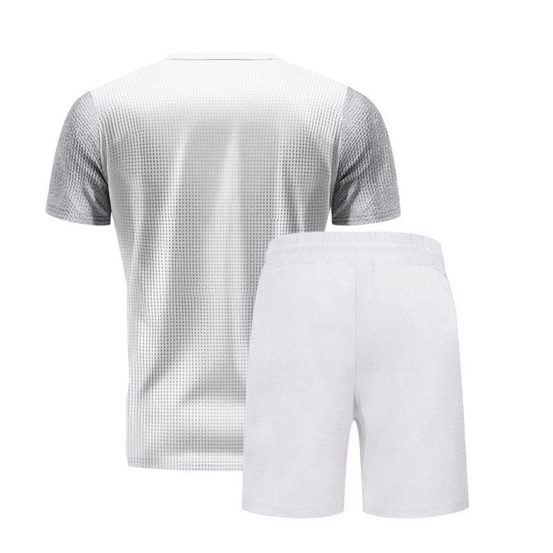 Summer Plus Size American Style Loose Waffle Beach Henley Shirt Short Sleeve Shorts Casual Set For Men_voghion.com