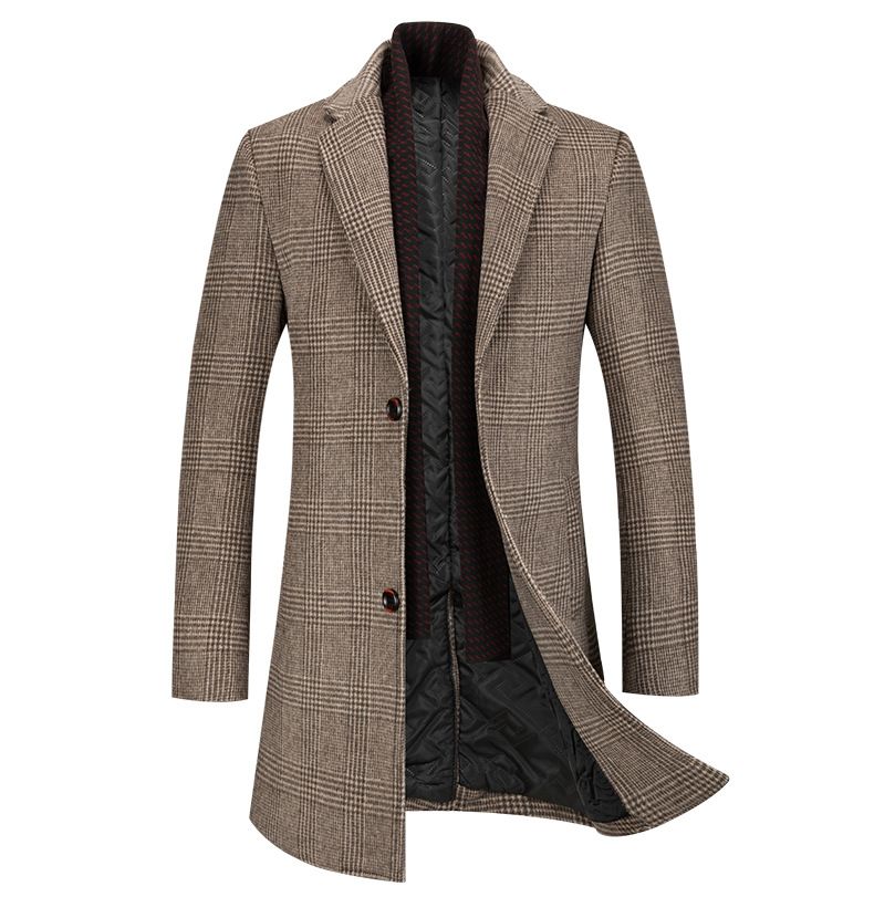 Cappotto invernale da donna in misto lana scozzese con sciarpa - Caldo cappotto lungo in tweed per donna (marrone/grigio)_voghion.com