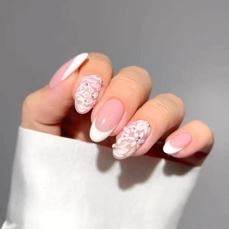24 pezzi semplici unghie finte a mandorla bianco lucido stiletto francese unghie finte ovale staccabile copertura completa stampa su na_voghion.com