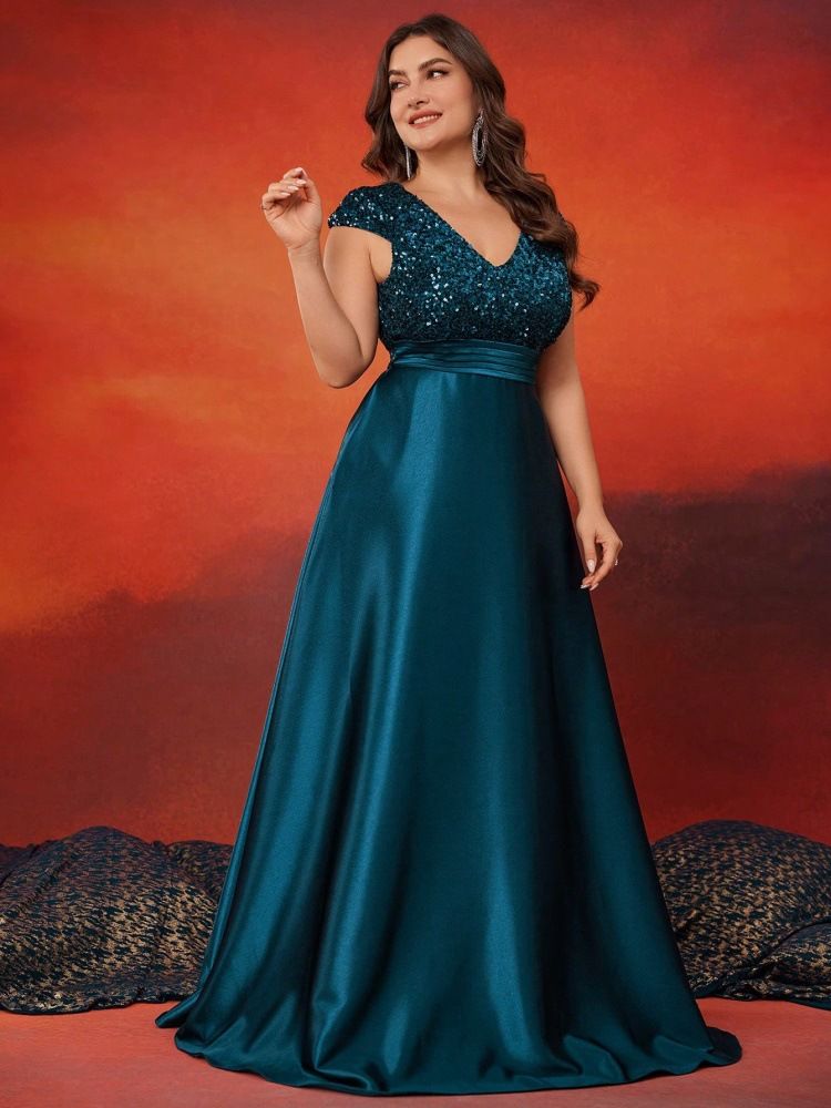Abito da sera elegante in raso con scollo a V e paillettes, per feste e banchetti, da donna, elegante e raffinato_voghion.com