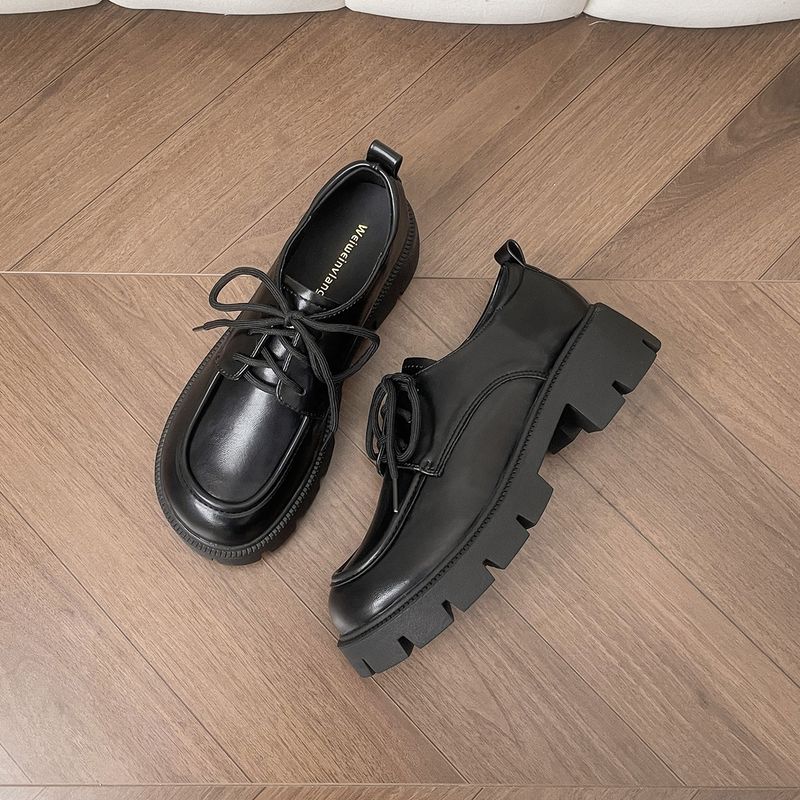 Zapatos de plataforma de cuero pequeños para mujer, mocasines negros con cordones y punta redonda, tacón grueso, suela suave, zapatos individuales para mujer_voghion.com