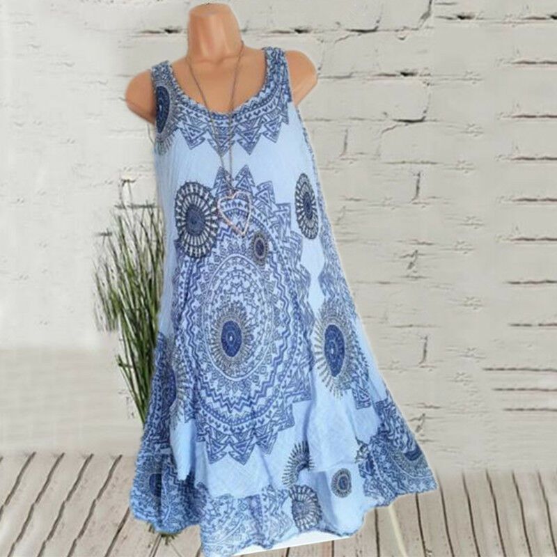 Plus Size Women Ladies Boho Sleeveless Mini Dress Summer Beach Baggy Dress Tunic_voghion.com