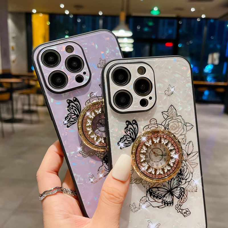 Light Style Florals Diamond Encrusted Stand Phone Case For iPhone 15 Plus 14 13 12 11 Pro Max Anti-Drop Cover_voghion.com