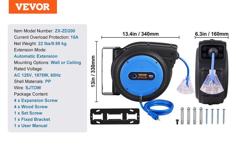 VEVOR Retractable Extension Cord Reel Power Cord Reel 80FT 12AWG/3C SJTOW_voghion.com