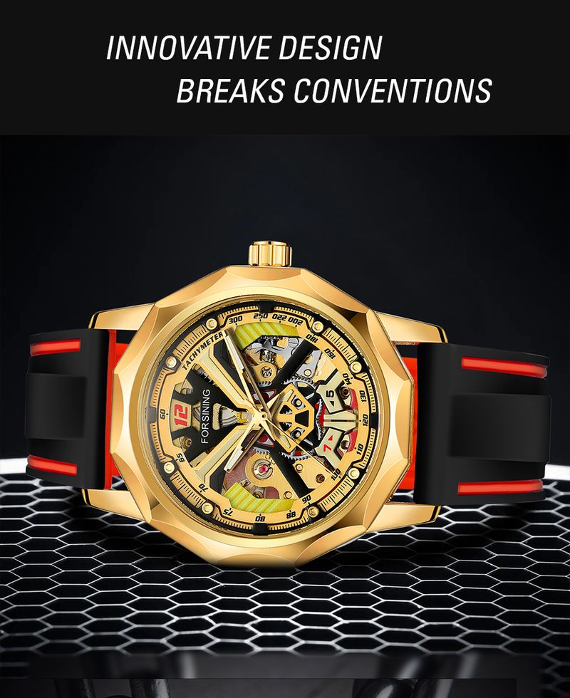 FORSINING Designer Luxury Fashion Steel Skeleton Mechanical Gold Watch For Men Manual Movement Clock Waterproof Silicone Strap_voghion.com