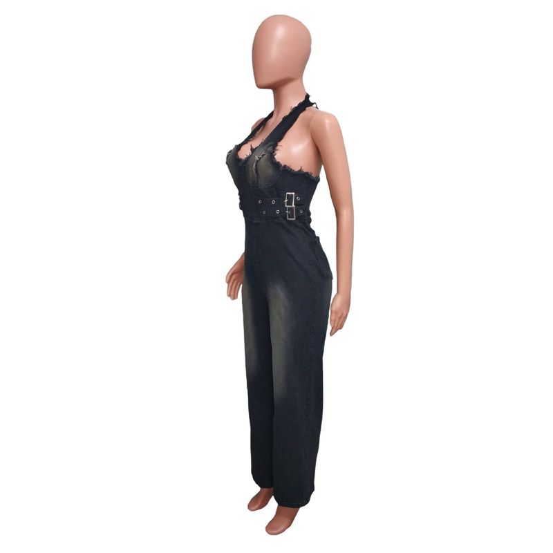 Women's Clothing Tight Waist Slim Elastic Washed Denim Jumpsuit Halter Neck Loose Jumpsuit_voghion.com