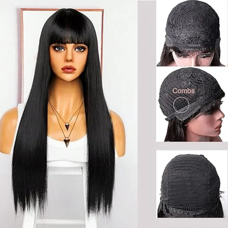 Glatte Perücke aus Echthaar mit Pony, brasilianisches Remy-Echthaar, Perücken für Frauen, 100 % Echthaar_voghion.com