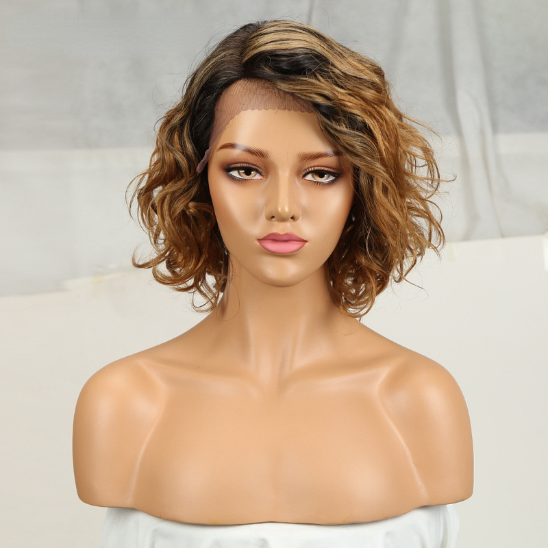 Peluca negra afro esponjosa de 12 pulgadas con encaje en la frente parcial y tocado completo Cabello humano_voghion.com