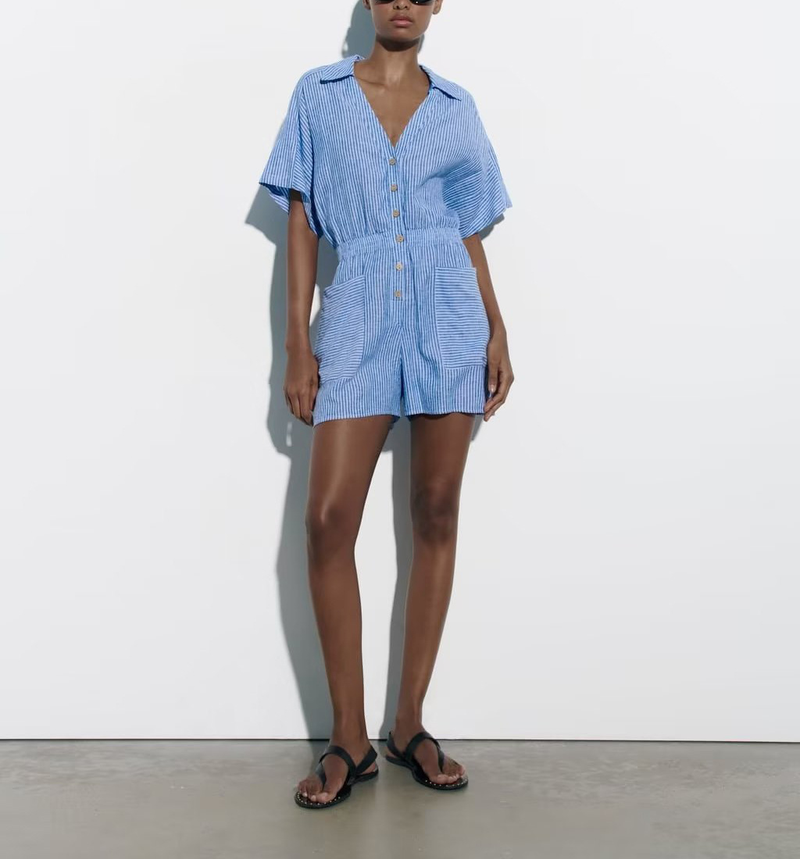 Women's Clothing Summer New Lapel Loose Waist Linen Blended Striped Short Jumpsuit_voghion.com