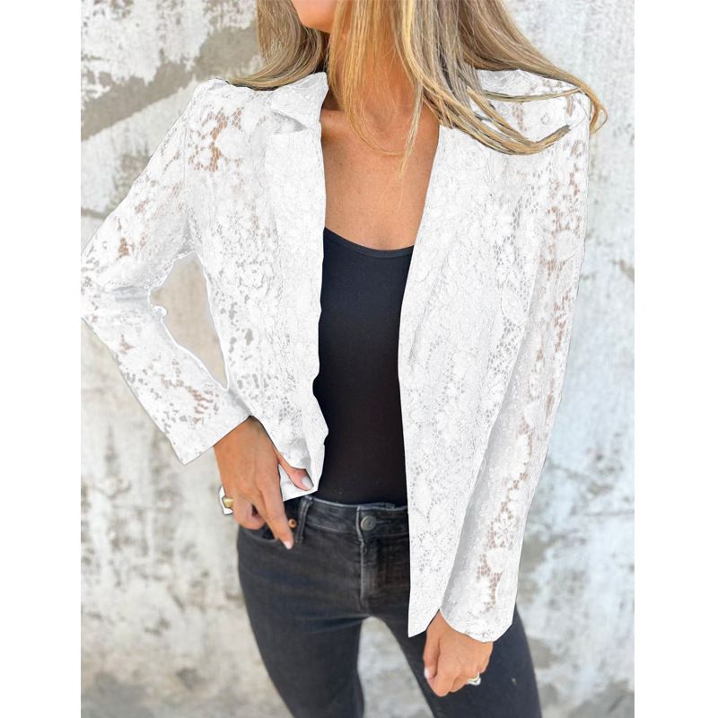 Blazer con camicetta in pizzo tinta unita a maniche lunghe, nuovo e alla moda, casual da donna_voghion.com