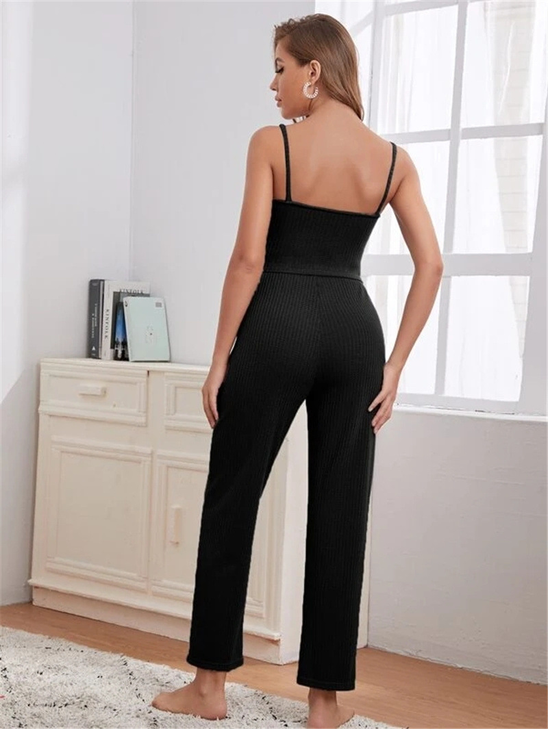 Women's home wear women's Waffle knit halter top trousers robe pajamas three sets_voghion.com