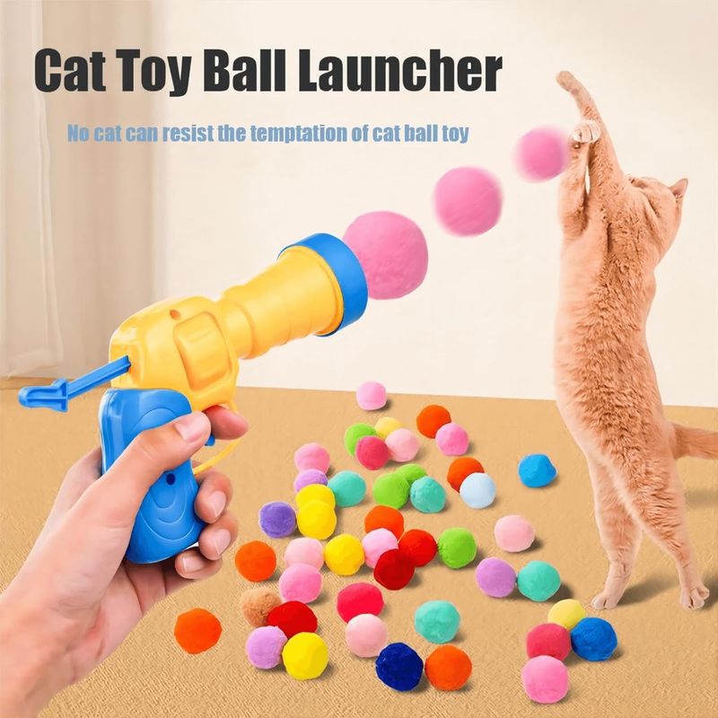 Jouet pour chat avec boules à pompon colorées et lanceur de balles, balles en peluche pour l'entraînement et le jeu des chatons, jouet pour chats domestiques_voghion.com