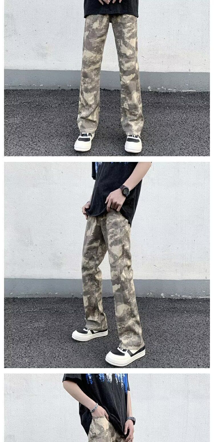 Calça jeans masculina streetwear camuflada - Calça reta de corte folgado com design urbano, tecido de poliéster confortável, estilo casual moderno._voghion.com