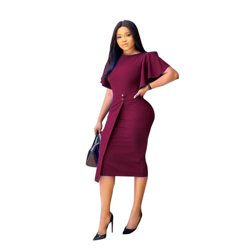Dammekleid Plus Size Elastesche OL Pendler Temperament Ronn Hals Kuerzärmel Professionelle Bleistiftrock_voghion.com