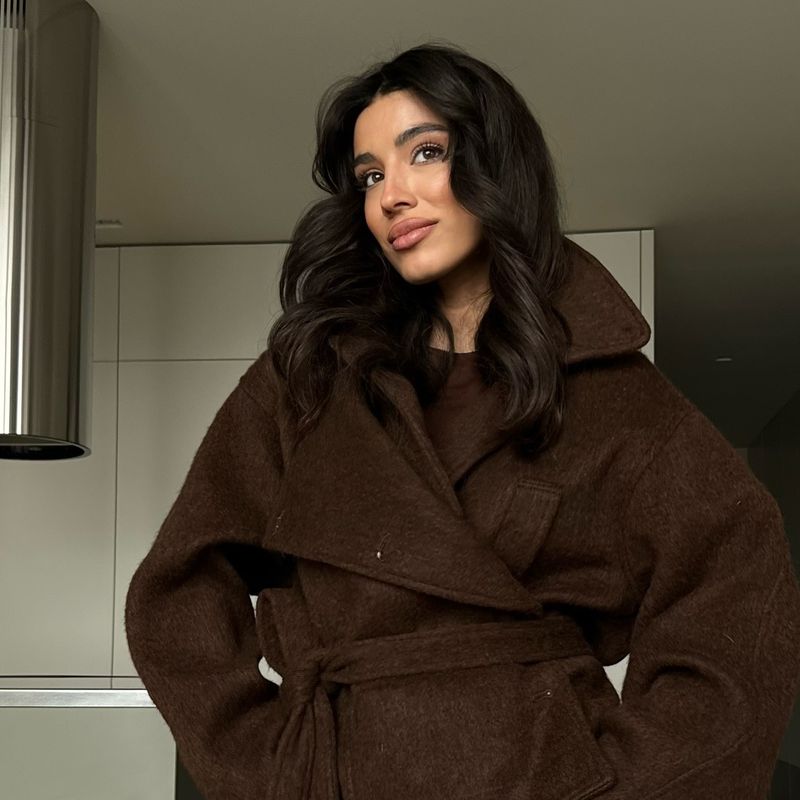 Kurzer Wollmischmantel mit Knopfleiste und Taillengürtel, lässige Jacke mit übergroßem Revers für Damen, Herbstoberbekleidung (Dunkelgrau/Hellgrau/Braun)_voghion.com