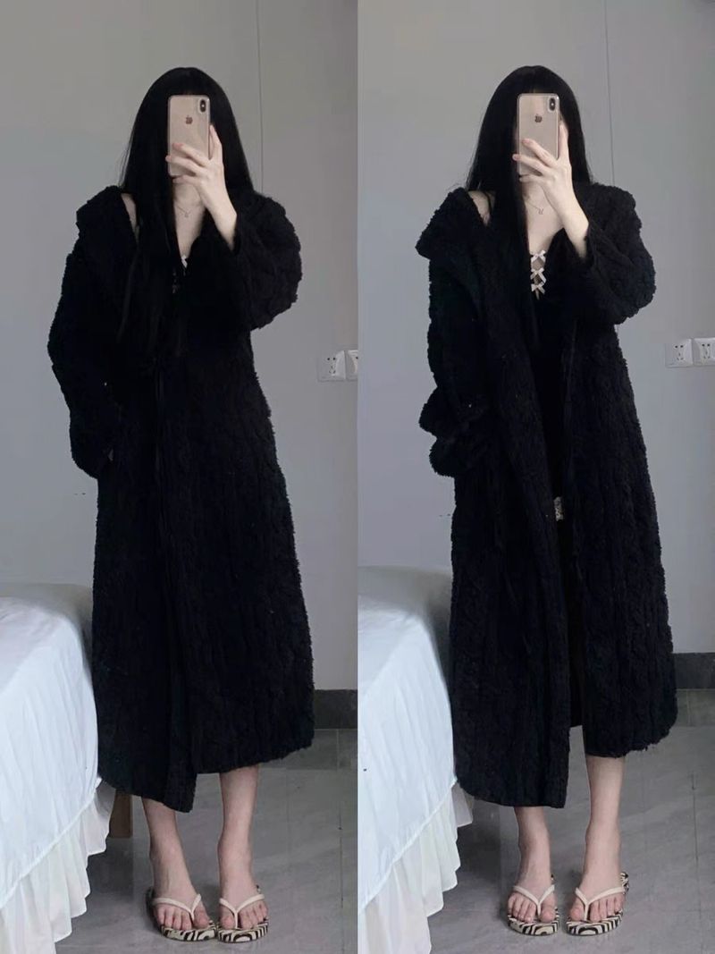 Hooded Bathrobe Nightgown Women's Autumn And Winter Thickened Coral Fleece Warm Solid Color Long Large Size Loungewear_voghion.com