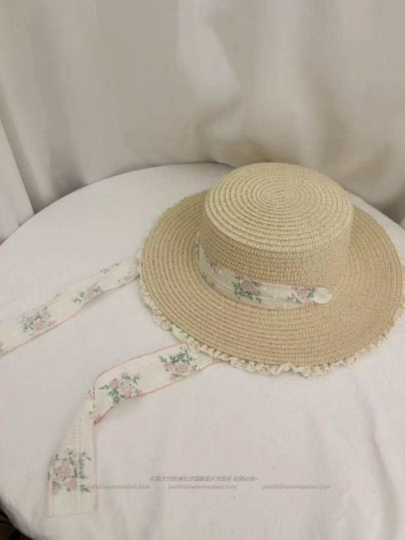 Strohhut mit Spitzenrand und Riemen für Damen, Sommerhut mit großer Krempe und flacher Oberseite, Strohflechthut für Strand, Strand, Sonnenschutz_voghion.com