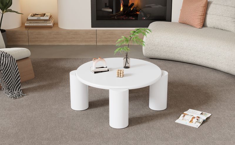 Table basse moderne White Cloud avec 4 pieds stables, petite table d'appoint ronde blanche pour salon, chambre, balcon, terrasse, design à bords arrondis_voghion.com