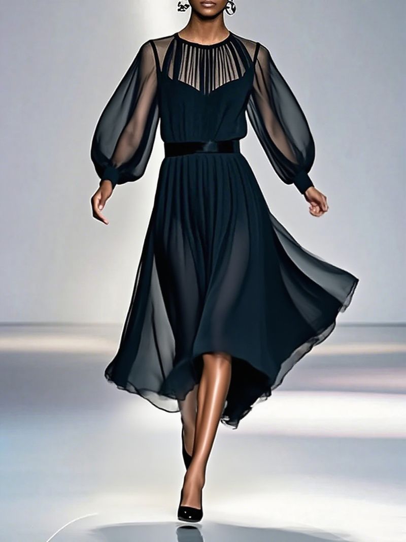 Completo due pezzi in rete nera – Elegante abito lungo a vita alta con maniche lunghe e rivestimento trasparente (nero senza tempo, versatilità dall'ufficio al cocktail)_voghion.com