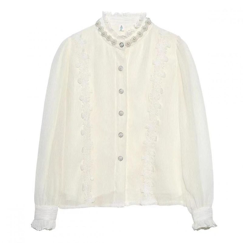 Vintage Lace Blouse – Pearl-Trimmed High Neck With Bishop Sleeves (S-2XL, Shell & Fleece Lined, Polyester Chantilly Lace, Baroque Office Romance)_voghion.com