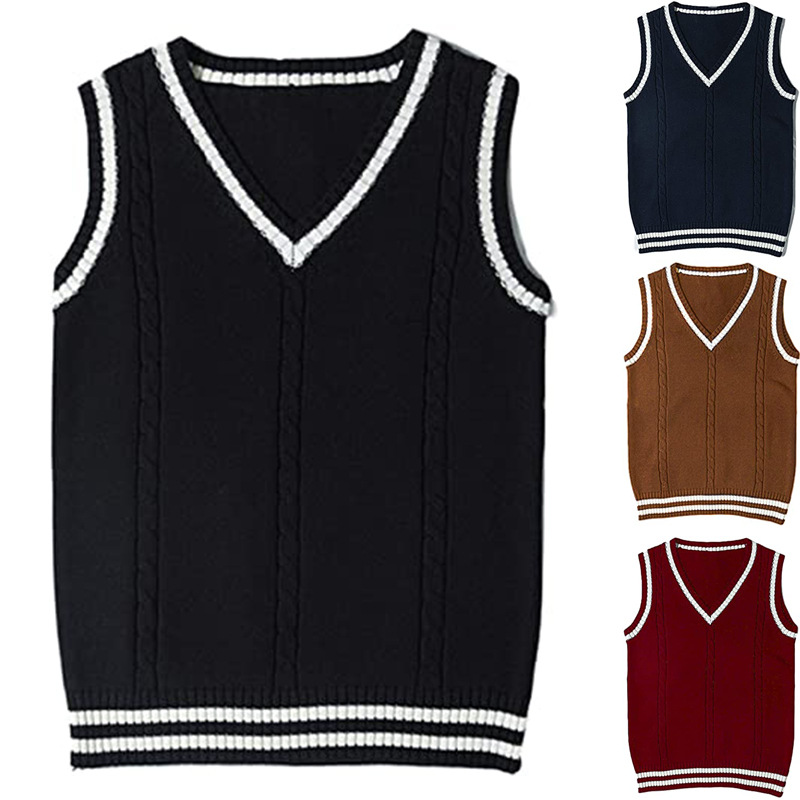 Herrenbekleidung Europäischer und amerikanischer Pullover Damenweste V-Ausschnitt Gestreiftes Spleißen Lässiger Strickwestenpullover_voghion.com