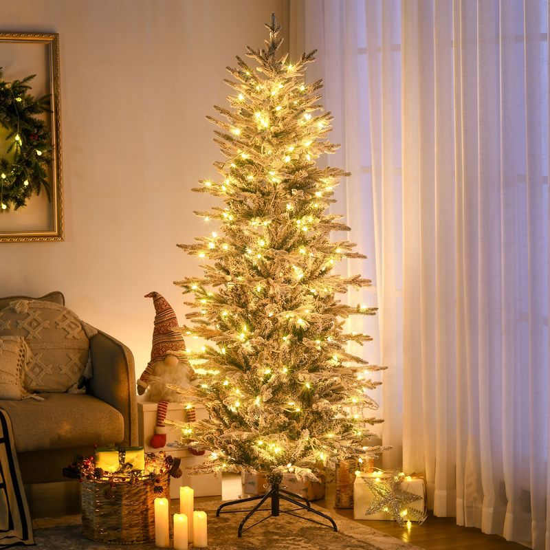 6ft Tall Prelit Artificial Christmas Tree Holiday Décor With 636 Snow Flocked Branches, 250 Warm Yellow Clear Lights, Auto Open, Extra Bulb_voghion.com