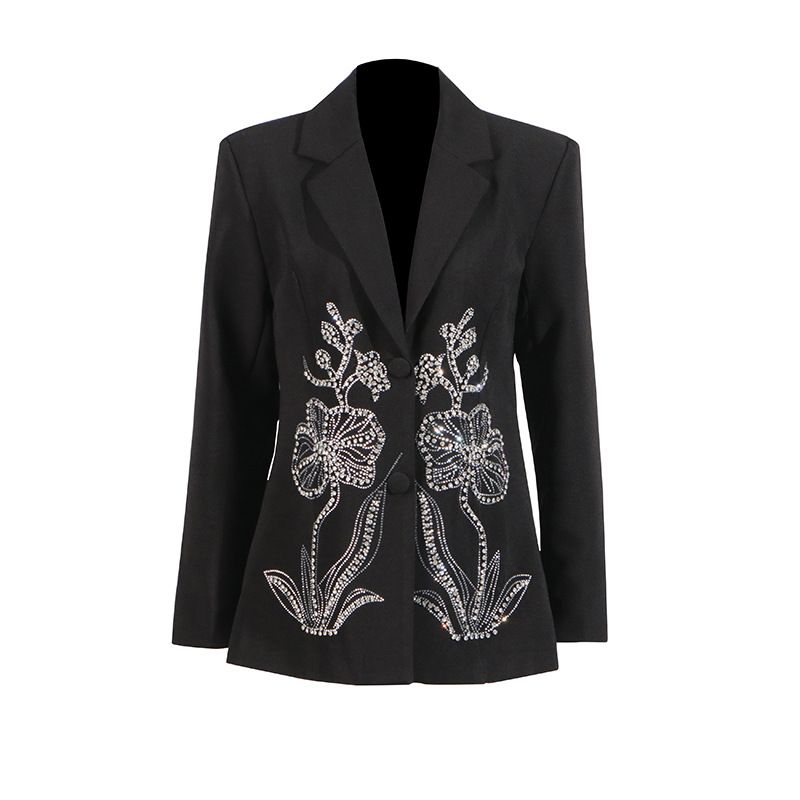 Blazer da donna decorato con strass – Elegante giacca da abito a due bottoni con dettagli floreali_voghion.com