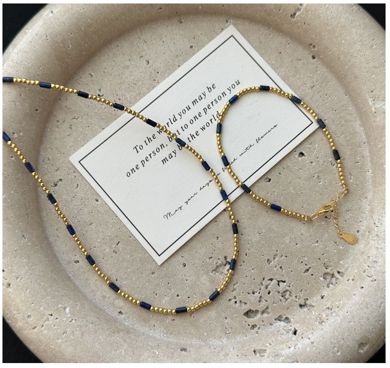 Collana di perline placcata oro in lapislazzuli semplice e leggera in argento S925, stile retrò, personalizzata, con catena di base primaverile_voghion.com