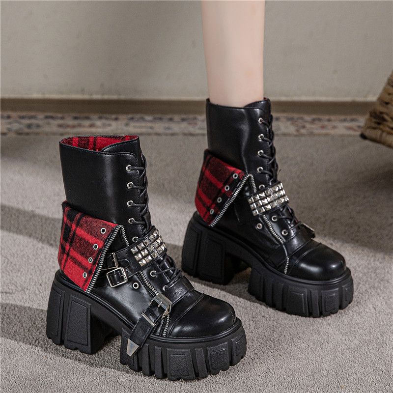 Neue europäische und amerikanische Stiefeletten mit klobigem Absatz, Martin-Karomuster, Metallnieten und Gürtelschnalle für Damen._voghion.com