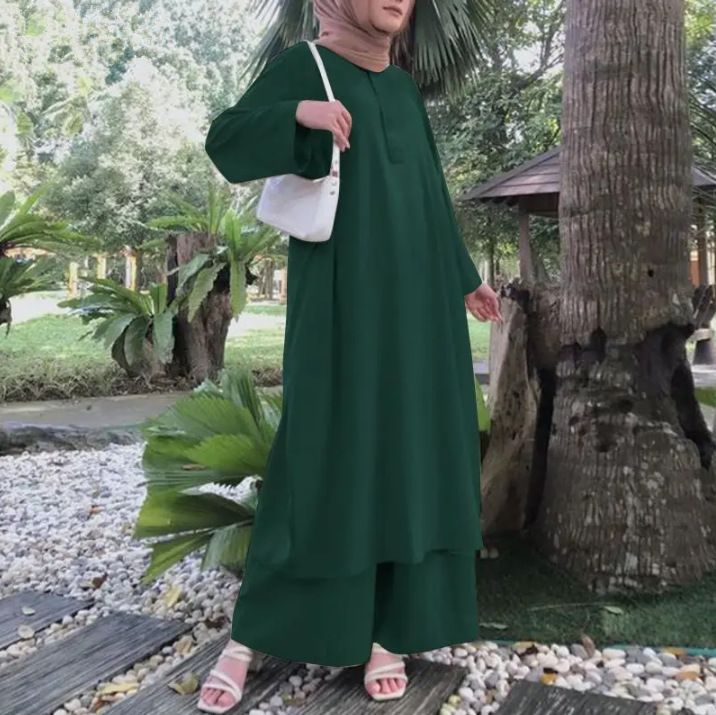 2025 Set di due pezzi per abbigliamento da donna musulmano, tinta unita, primavera e autunno, pullover lungo, taglie forti_voghion.com
