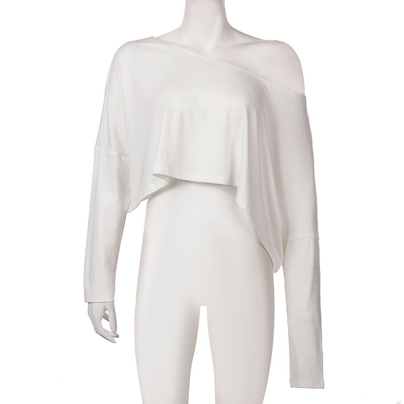 Europese en Amerikaanse dames effen kleur schuine kraag lange mouw onregelmatig ultra kort navel bloot losse casual mode pullover T-shirt_voghion.com