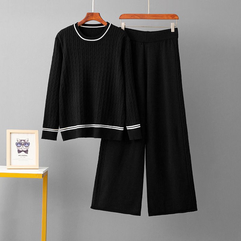 Elegante set di maglione e pantaloni in maglia - Completo casual a righe con pullover a maniche lunghe e pantaloni in morbida miscela di viscosa, versatile per l'ufficio e per tutti i giorni_voghion.com