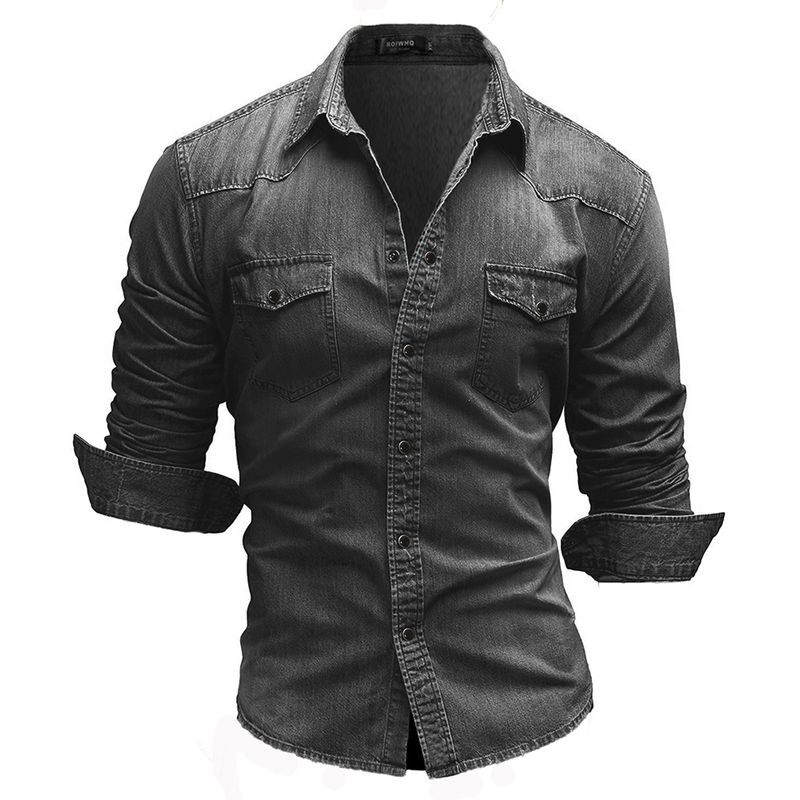 Herrenbekleidung Einfaches langärmeliges Jeanshemd für Herren in Übergröße_voghion.com
