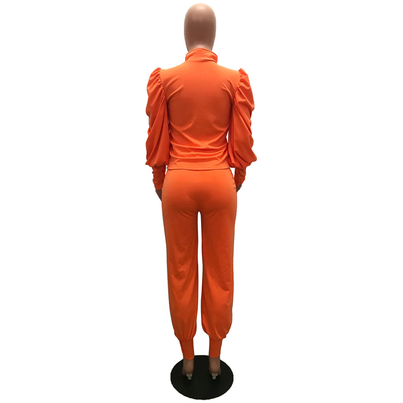 Damenbekleidung Mode Persönlichkeit Design Sinn für einfarbige Blase Ärmel Reißverschluss hoch taillierte Hose zweiteiliger Anzug_voghion.com