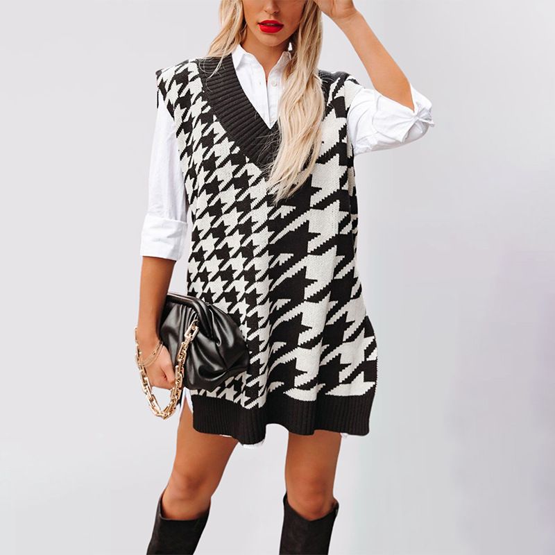 Damen Lockerer V-Ausschnitt Thousand Bird Grid Strickpullover Ärmellose Weste Weste_voghion.com