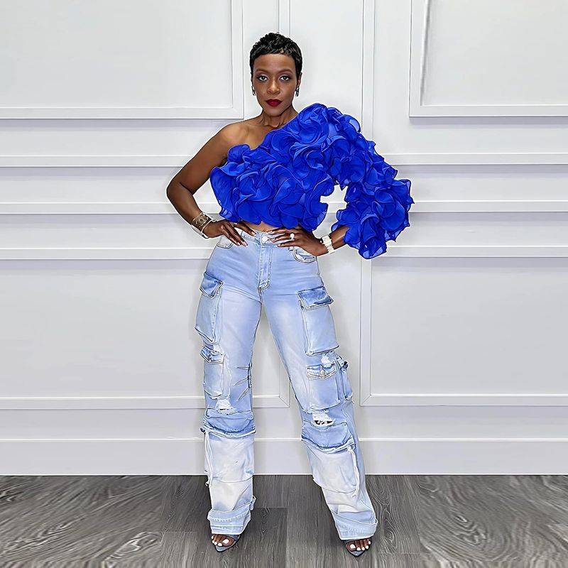 Dametøj Oblique Shoulder Lotus Short Top Fashion Ensfarvet Nye kvinder_voghion.com