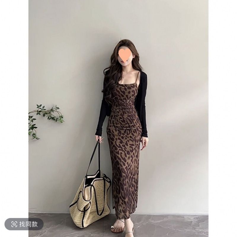 Été Nouveau Style Français Sexy Débardeur Imprimé Léopard Moulante Mode Minceur Longue Robe Ensemble Deux Pièces_voghion.com