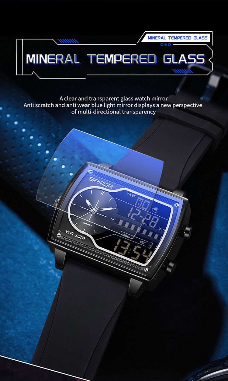 Montre carrée multifonction haut de gamme pour homme avec affichage lumineux, étanche à 30 m, double fuseau horaire et chronographe – Élégante pour le travail et les loisirs_voghion.com