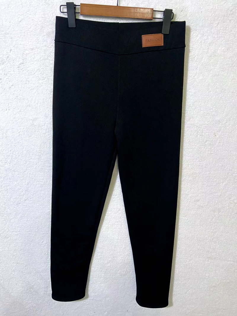 Gepolsterte, verdickte Hose für Damen, braune Leder-Label-Lammwollhose mit hohem Bund und warmer, schmaler Hose_voghion.com